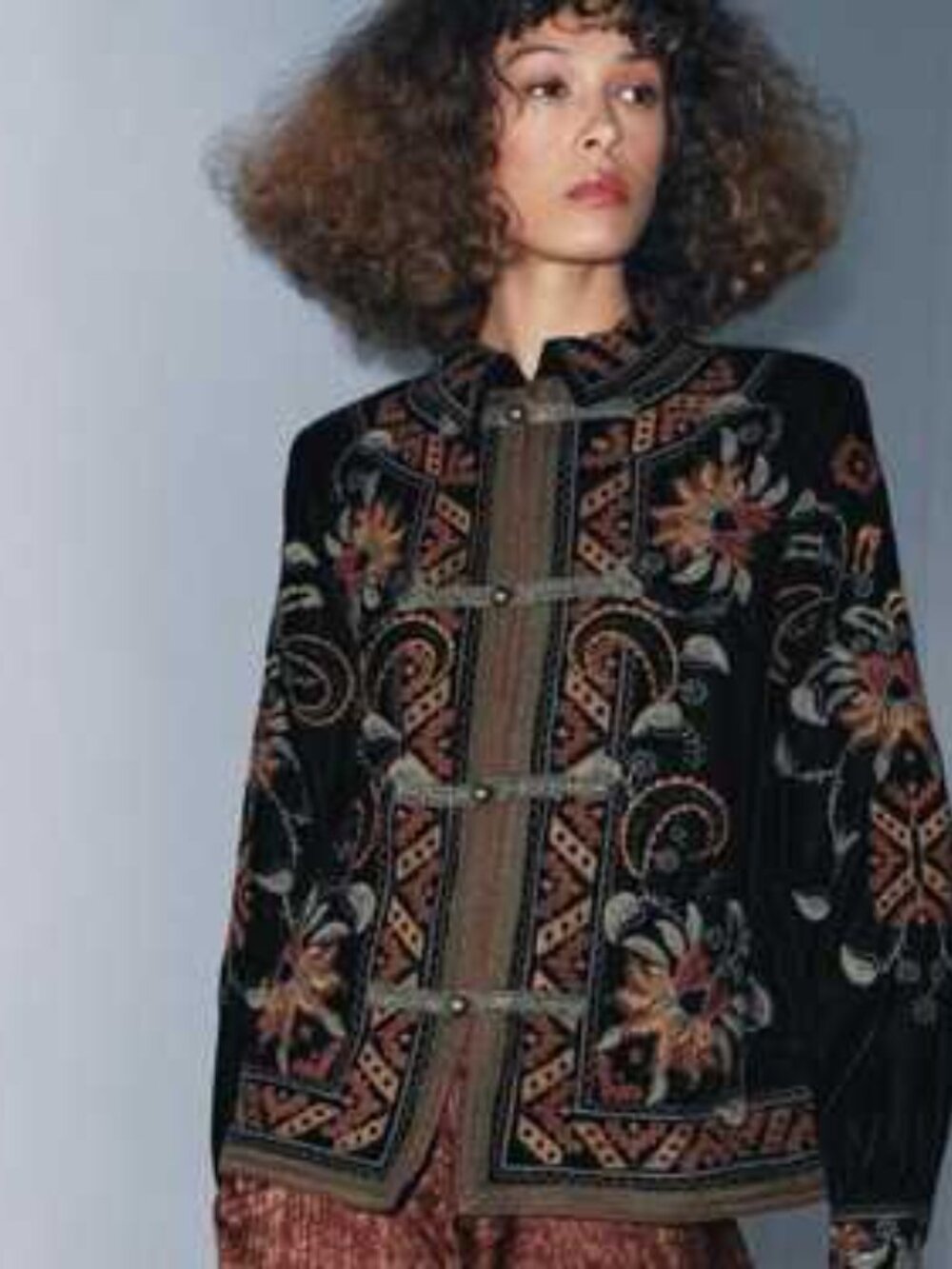 Zara Black Velvet Floral Embroidered Mandarin Toggle Loop Blazer Jacket, NEW